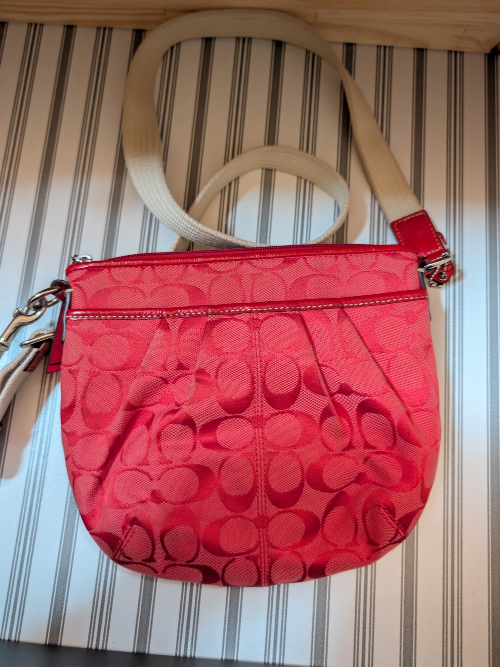 Coach Coral Red Signature Jacquard Crossbody Bag